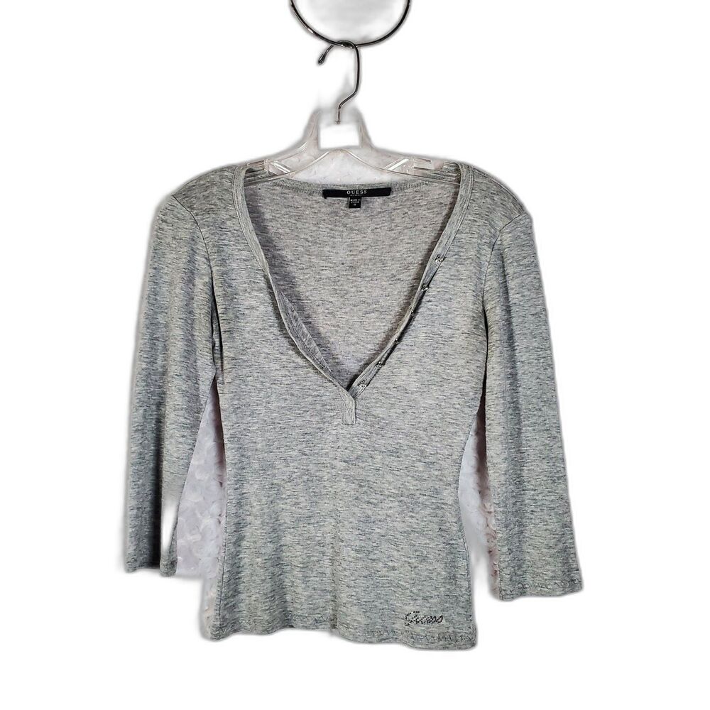 Gray Ribbed V-Neck Knit Top - Size S